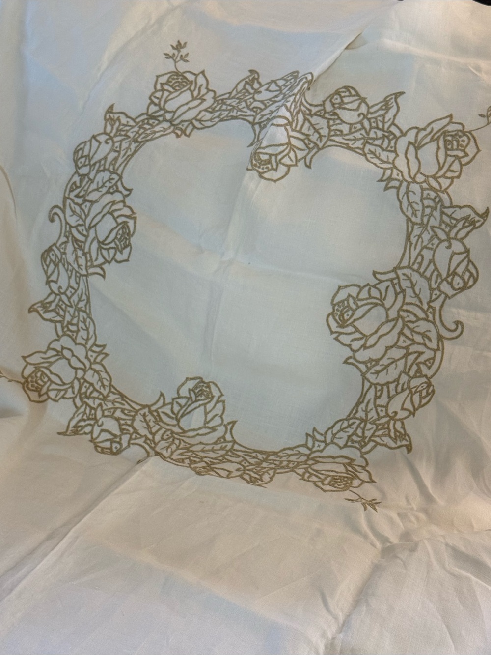 Vintage Linen Embroidered Rose Wreath Tablecloth
